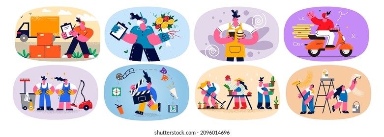 Set of diverse people occupations. Collection of courier or deliveryman deliver parcel order to customer. Housekeeping and gardening profession. Good quality service. Flat vector illustration. 