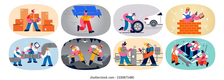 Set of diverse people occupations. Collection of repairmen and servicemen show good quality service. Bundle of handymen and mechanic help customers. Flat vector illustration, cartoon character. 