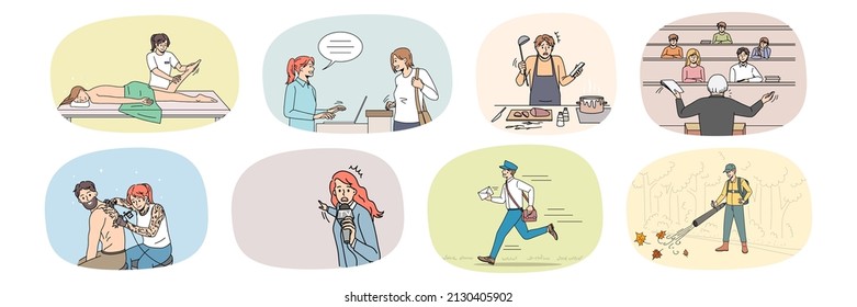 Set of diverse people occupations daily routine and lifestyle. Collection of human professions and jobs. Journalist, masseuse and tattoo artist. Postman and chef. Vector illustration. 