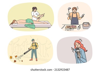 Reihe von verschiedenen Berufen und Berufen. Sammlung von Männern und Frauen, die als Küchenchef, Masseur, Nachrichtenreporter oder Reinigungskraft arbeiten. Karriere und Beschäftigung von Personen. Vektorgrafik. 