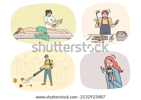 Set of diverse people occupations and professions. Collection of men and women working as chef, masseuse, news reporter or cleaner. Person career and employment. Vector illustration. 
