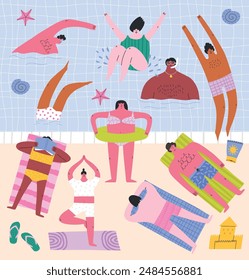 Set of diverse people on the beach or by the swimming pool, cartoon flat vector illustration. Funny characters sunbathing, swimming, snorkeling and jumping in water. Hot summer day.