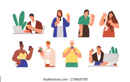 Set of diverse people with payment receipts and bank cards vector flat illustration. Collection of man and woman online cashless paying, having large amount at invoice isolated on white background