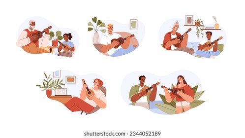 Set of diverse people playing ukulele music instrument, flat vector illustration isolated on white background. Characters playing guitar with kids. Concept of string instruments.