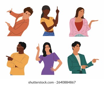 Set of diverse people pointing side and up, showing directions, presenting products and services. Colorful flat vector illustrations isolated on white background for marketing and business use