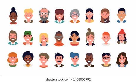 Set of diverse people portraits in flat style. Multiracial group of adult men and women of different ages and looks. Cheerful and confident faces and characters collection. Social diversity
