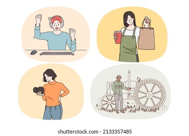 Set of diverse people professions and occupations. Collection of specialist jobs and careers. Employment. Gamer, waitress or server, photographer and farmer. Vector illustration. 