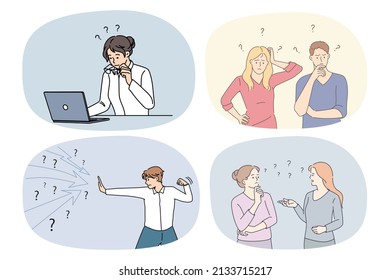 Set of diverse people with question marks feel confused with problems solution. Collection of men and women frustrated with finding answer. Trouble solving. Vector illustration. 