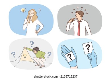 Set of diverse people with question marks think consider problem solution. Collection of confused men and women brainstorm feel frustrated solve issues have dilemma. Vector illustration. 