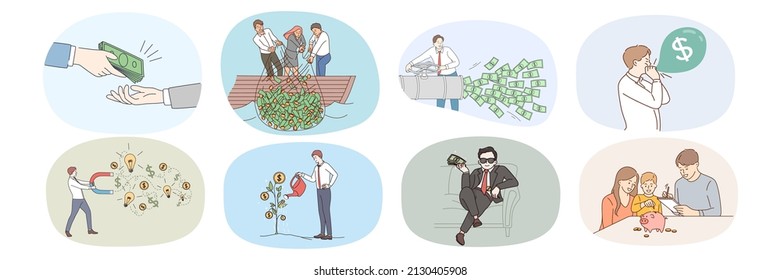 Set of diverse people receive money dividend from successful investment. Collection of men and women get money profit or passive income. Financial stability and success. Vector illustration. 