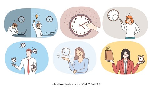 Set of diverse people relations with time. Collection of men and women follow timeline in life or at workplace. Time management and good habit. Flat vector illustration. 