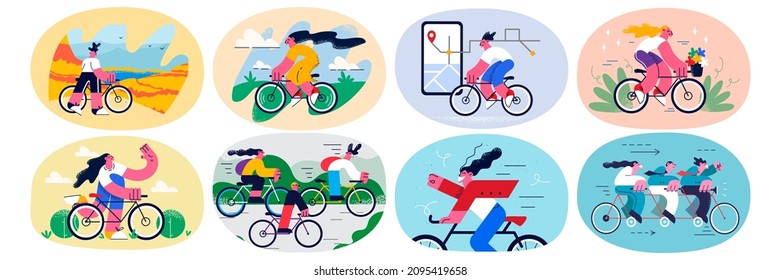 Set of diverse people relax enjoy summer weekend ride bikes track route on smartphone app. Collection of young men or women cyclist do physical activity cycle bicycle. Flat vector illustration. 