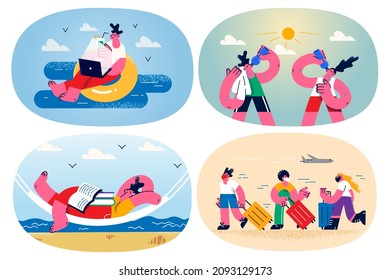 Set of diverse people relax rest on each enjoy summer holiday. Bundle of smiling travelers or tourist enjoy vacation in warm country. Travel and tourism concept. Flat vector illustration. 
