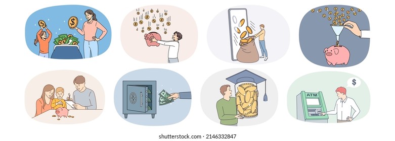 Set of diverse people saving money for future needs. Collection of persons collect coins and banknotes make investment. Banking and finance concept. Credit and deposit. Flat vector illustration. 