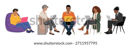 Set of diverse people sitting in various chairs while working on laptops. Clean modern style with solid colors. Flat vector illustration isolated on white background