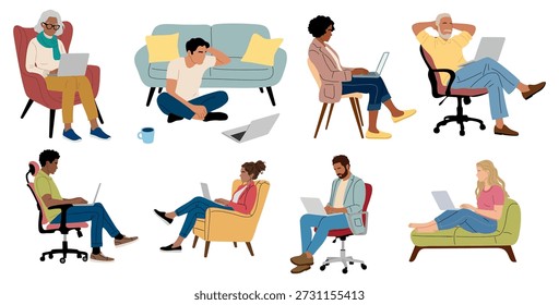 Set of diverse people sitting and working on laptops in home and office settings, ideal for remote work and lifestyle concepts. Flat vector illustration isolated on white background