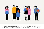 Set of diverse people standing and holding hearts. Single man and woman, couples in love. Romance, relationship, Valentine
