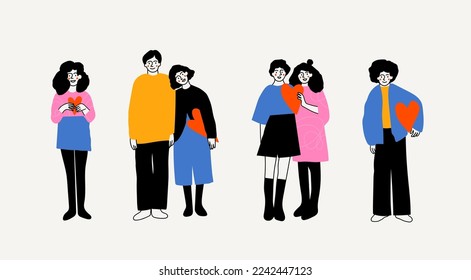 Conjunto de personas diversas paradas y sosteniendo corazones. Hombre soltero y mujer, parejas enamoradas. Romance, relación, concepto de San Valentín. Caricatura de estilo cómico peculiar. Ilustración del vector dibujado a mano