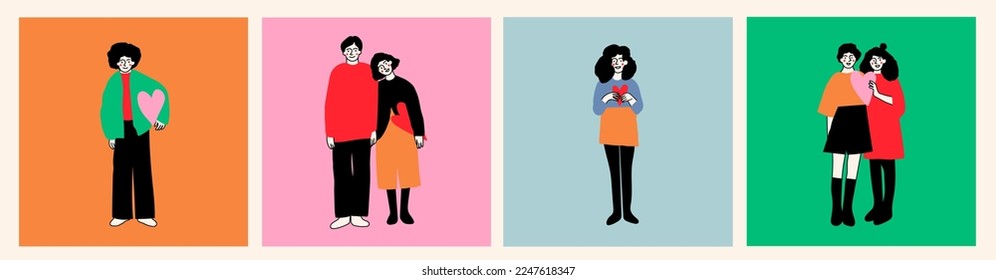 Conjunto de personas diversas paradas y sosteniendo corazones. Hombre soltero y mujer, parejas enamoradas. Romance, relación, concepto de San Valentín. Caricatura de estilo cómico peculiar. Ilustración del vector dibujado a mano