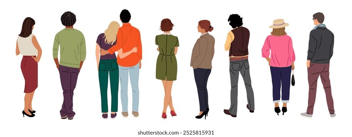 Set of diverse People Standing Rear View.