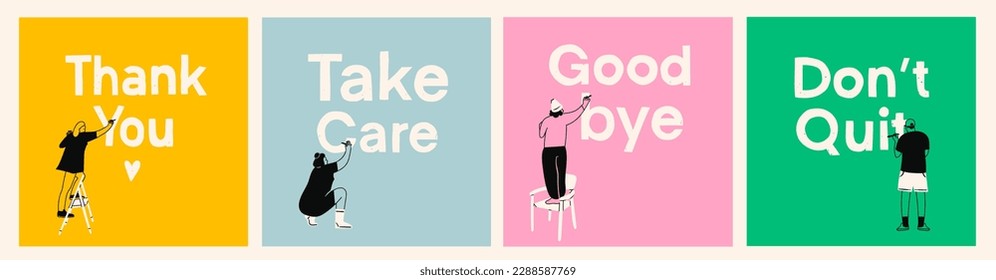 Set diverse people standing  sitting   writing wall  Various phrases  quotes  big letters  Back view  Cartoon style character  Isolated design elements  Hand drawn trendy Vector illustration