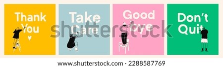 Set of diverse people standing, sitting and writing on a wall. Various phrases, quotes, big letters. Back view. Cartoon style character. Isolated design elements. Hand drawn trendy Vector illustration