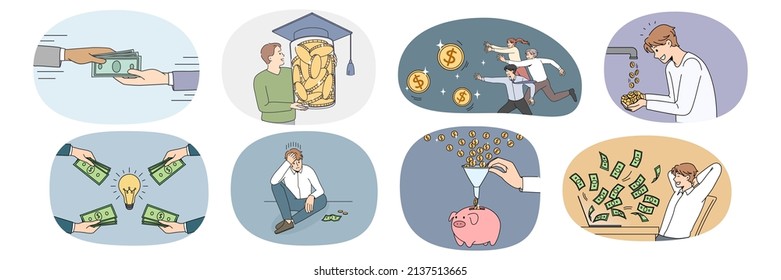 Set of diverse people strive for financial success and stability. Collection of men aim money income and profit. Finance and banking concept. Investment and dividend. Vector illustration. 