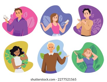 Conjunto de personas diversas que sufren de pérdida de cabello - ilustración vectorial plana aislada en fondo blanco. Jóvenes hombres y mujeres pierden el pelo mientras se cepillan. Alopecia y deficiencia de vitamina.