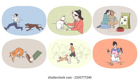 Set of diverse people take care of domestic animals play with cat and dog. Collection of happy pet owners show love to little friends. Vet and grooming service. Flat vector illustration. 