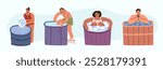 Set of diverse people taking cold ice pod bath at different stages: adding ice, entering water, preparing and enjoying.  Innovative technology for health treatment. Flat  vector illustration isolated