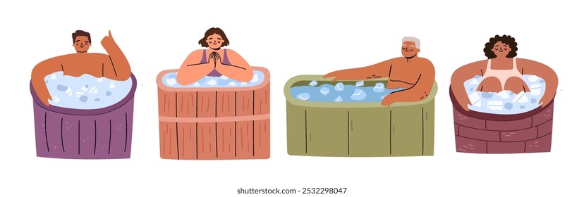 Set of diverse people taking cold ice pod bath. Innovative technology for health treatment. Flat hand drawn vector illustration isolated on white.