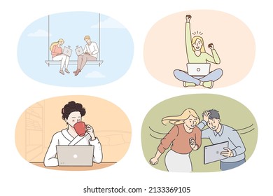 Eine Reihe verschiedener Leute benutzen Computer surfen im Internet auf Gadget. Die Sammlung von Männern und Frauen arbeiten online auf Laptop mit drahtlosem Netzwerk. Technologiekonzept. Vektorgrafik. 