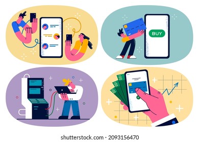 Set of diverse people use modern devices shopping paying online. Man buyer or client make payment on internet on smartphone or computer. New technologies concept. Vector illustration. 