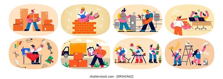 Set of diverse people of various occupations perform work perfectly help customer or client. Collection of workers or employees show good quality service. Profession concept. Vector illustration.