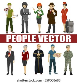 Set of diverse people. Various professions. Policeman, riot, architect, stewardess, priest, courier, soldier, reporter, detective
