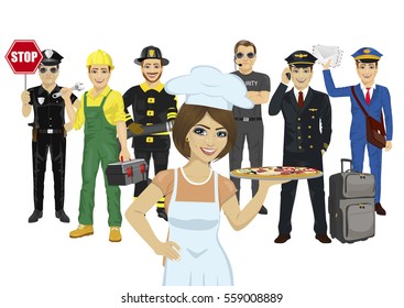 Set of diverse people. Various professions. Policeman, chef, repairman, fireman, bodyguard, pilot, courier