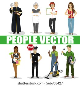 Set of diverse people. Various professions. Policeman, priest, maid, mechanic, seamstress, vacuum cleaner service man, restaurant employee