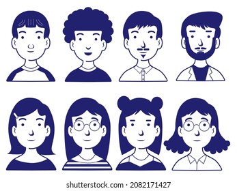 Set of diverse people vector. Men and women, young and old, different hairstyles. simple and minimalist cartoon people