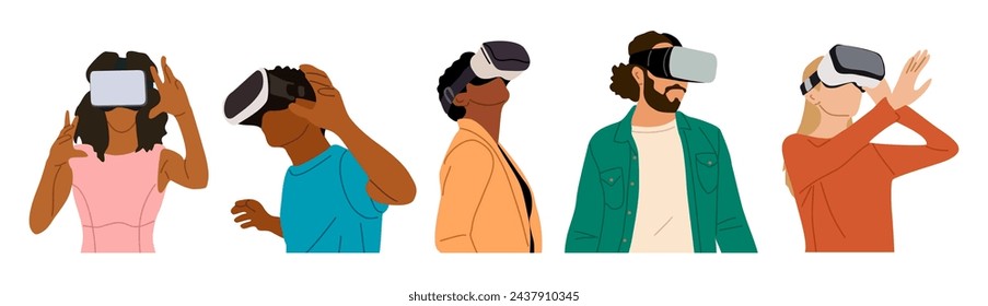 Set of diverse people in virtual reality headset.
