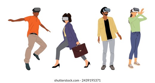 Set of diverse people in virtual reality headset. Different Men and women wearing digital glasses travel in metaverse. Modern technologies. Flat Vector illustrations isolated. Not AI generated.