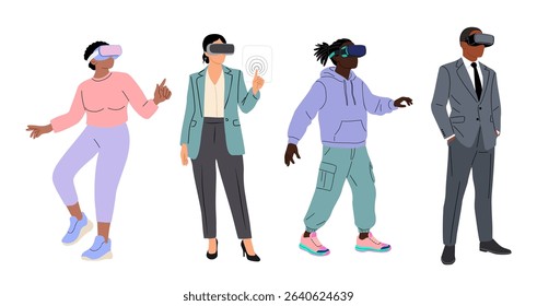Set of diverse people in virtual reality headset. Different Men and women wearing digital glasses travel in metaverse. Modern technologies. Flat Vector illustrations isolated