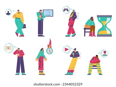 Set of diverse people waiting for meeting, holiday or deadline - flat vector illustration isolated on white background. Stressed men and women in anticipation.