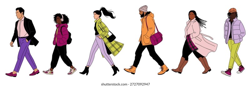 Conjunto de pessoas diversas andando de perfil lateral, mostrando roupas coloridas e estilo moderno, limpo e contemporâneo. Ilustração de vetor plano minimalista isolada sobre fundo branco