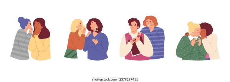 Set of diverse people whispering in ear and spreading rumors, flat vector illustration isolated on white background. Men and women gossiping, telling secrets and news.