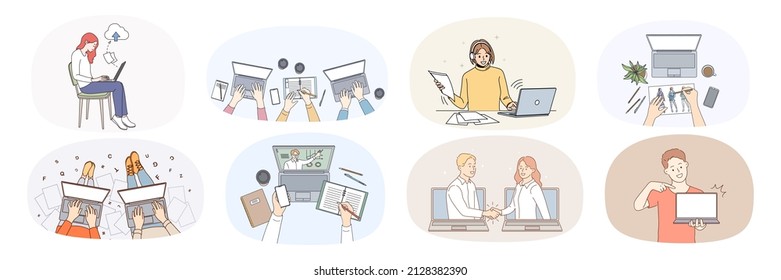 Set of diverse people work online on computer. Collection of person use internet for study or job on laptop. Remote education or employment. Technology concept. Vector illustration. 