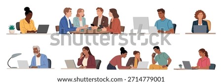Set of diverse people working in an office, collaborating in meetings, using laptops and computers at desks. Flat vector illustration isolated on white background