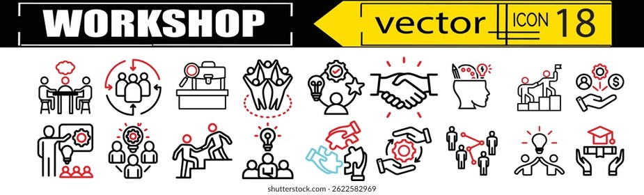 Set of diverse people working on red and black line art with a business workshop icon