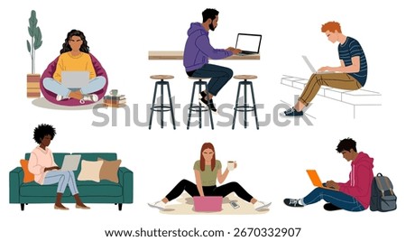 Set of diverse people working on laptops in casual settings. Modern remote work, freelancers, and students illustrated in minimalist, colorful style. Flat vector isolated on white background