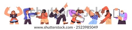 Set of diverse pointing people. Happy men and women gesturing with hands, showing with finger up, down, side. Characters presenting, advertising smth. Flat isolated vector illustrations on white