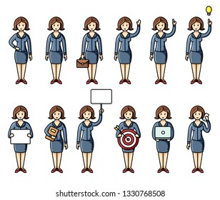 Set of diverse poses business women flat style infographic elements. Vector characters